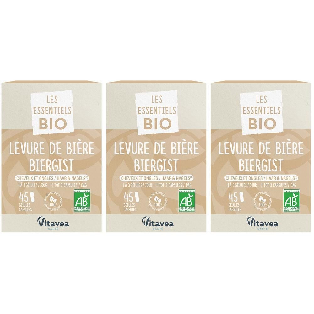 Trois boîtes de Les Essentiels BIO Levure de Bière Biergist. Contient 45 gélules par boîte. Certifié AB.