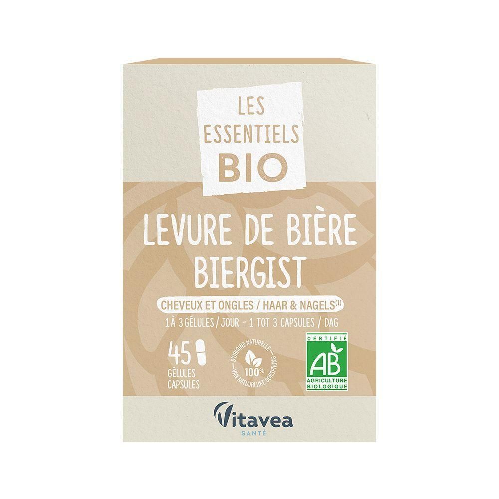 Doos met 45 capsules biergist voor haar en nagels. Biologisch gecertificeerd.