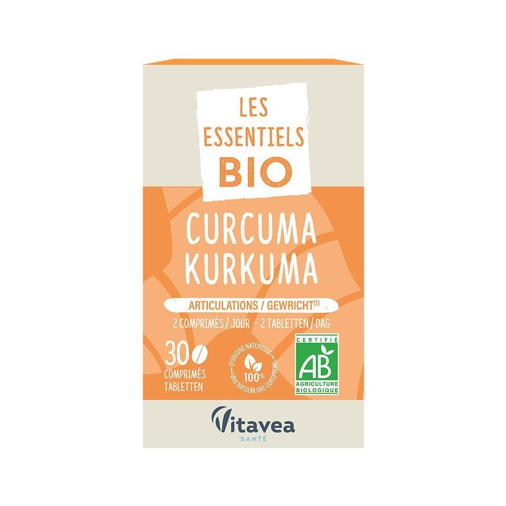 Verpakking met kurkuma tabletten. Bevat 300 tabletten. Gecertificeerd AB Agriculture Biologique.