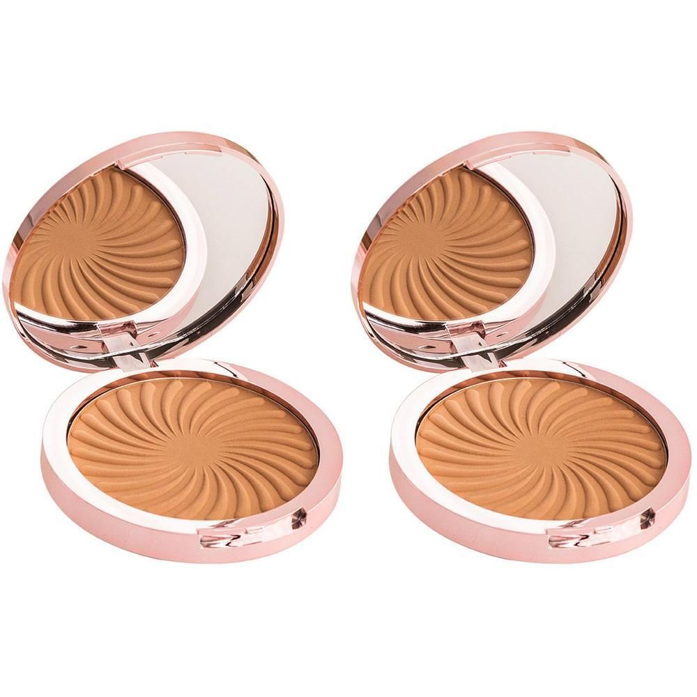 Deux poudres bronzantes rondes ouvertes, boîtier rose, avec miroir.