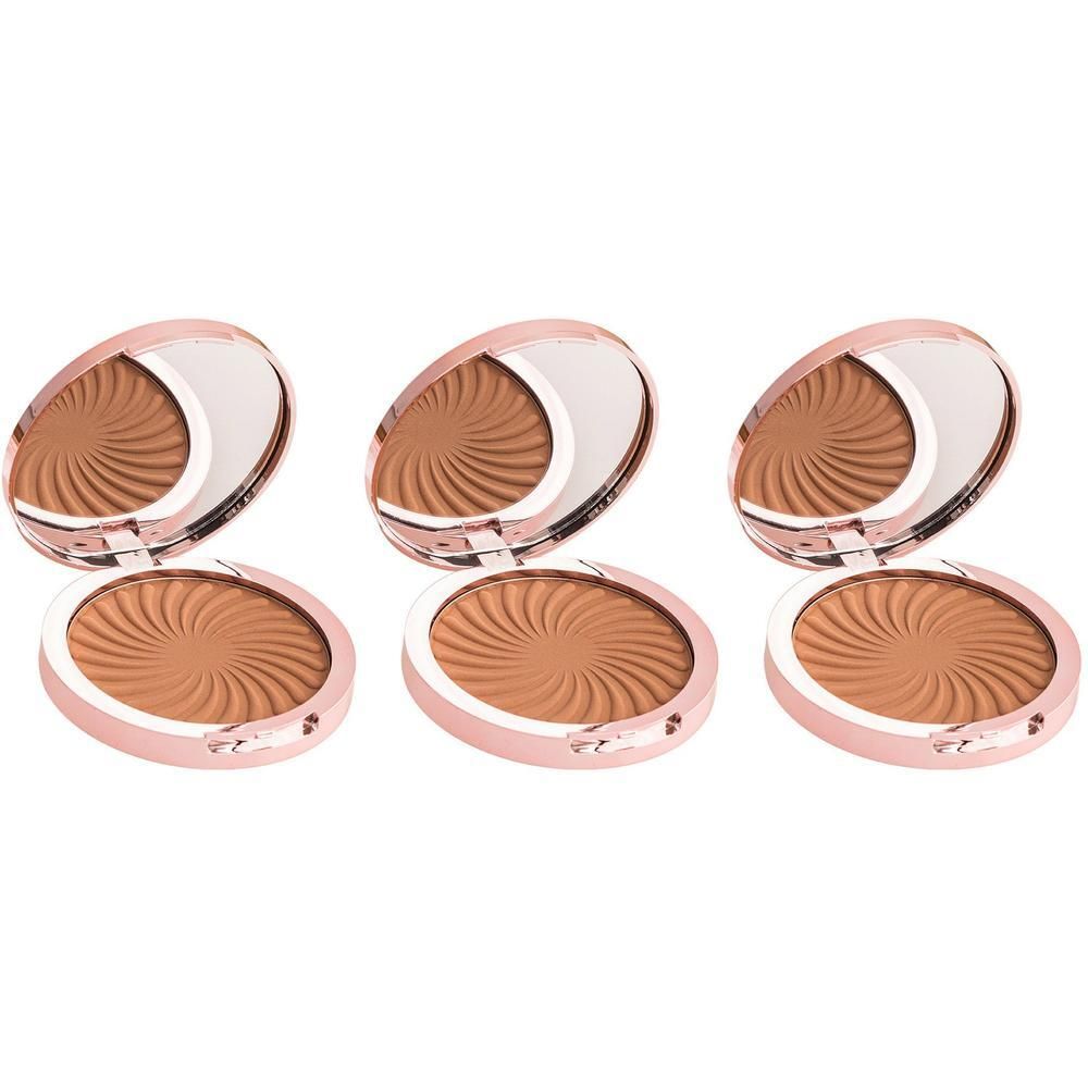 Drie geopende, ronde bronzer compactpoeders met roségouden omhulsel en spiraalpatroon.