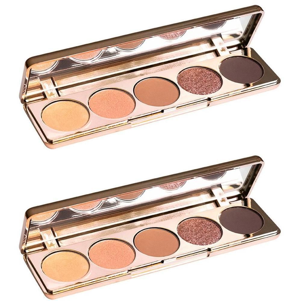Gouden oogschaduwpalette met vijf bruine tinten, waarvan twee glinsterend.