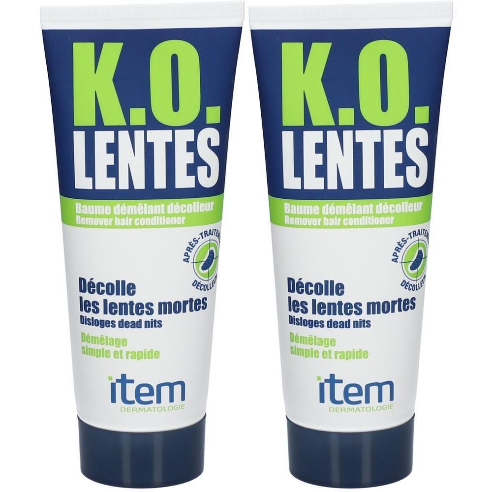 Twee tubes Item K.O. Lentes remover hair conditioner. "Décolle les lentes mortes" is afgedrukt.