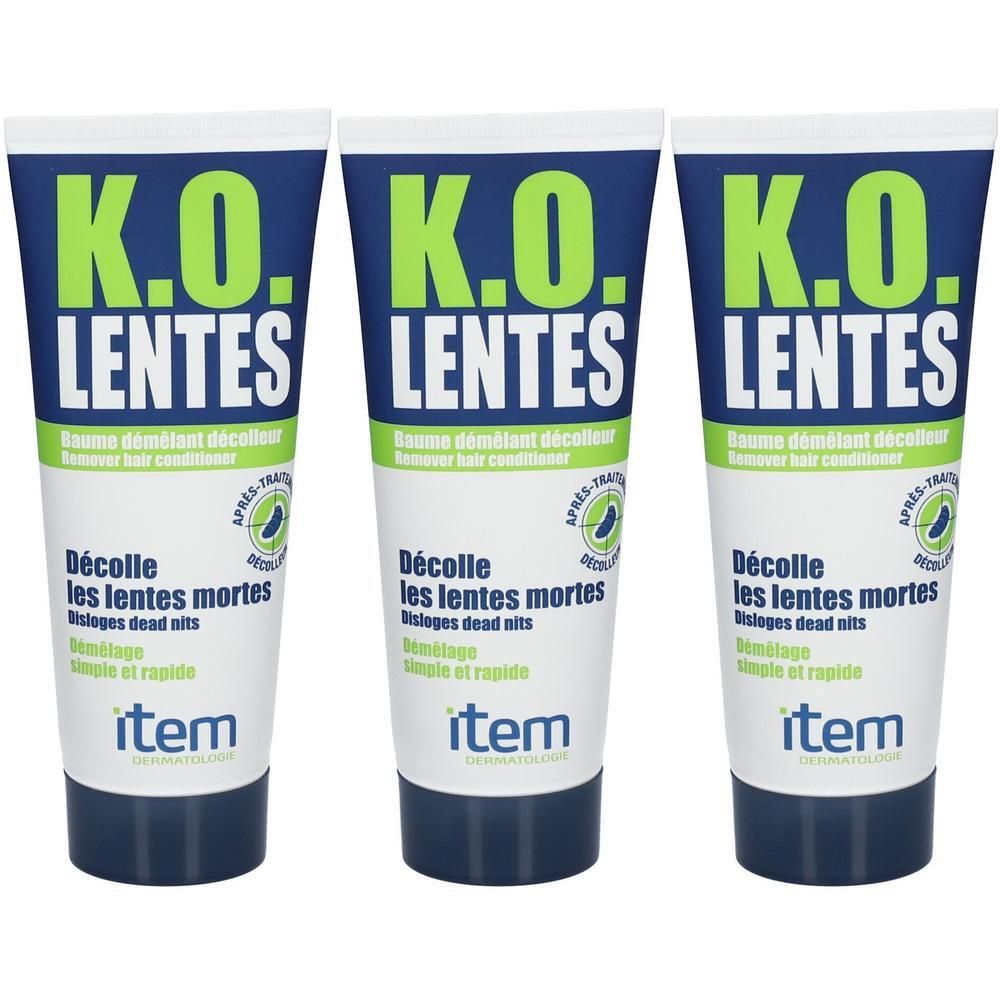 Trois tubes de baume décolleur K.O. Lentes pour enlever les lentes et les poux.