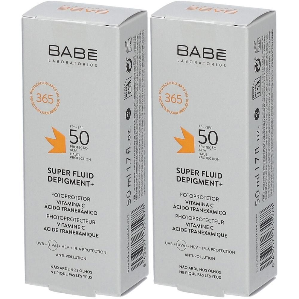 Deux boîtes de BABÉ Super Fluid Depigment+ Protection Solaire SPF 50. 50 ml.