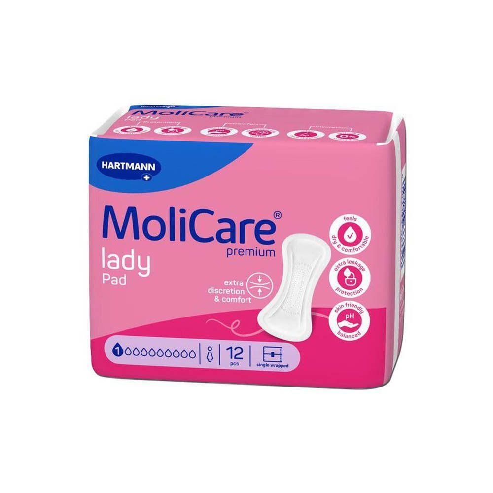 Verpakking MoliCare Lady Pad Premium, 12 individueel verpakte inlegkruisjes.