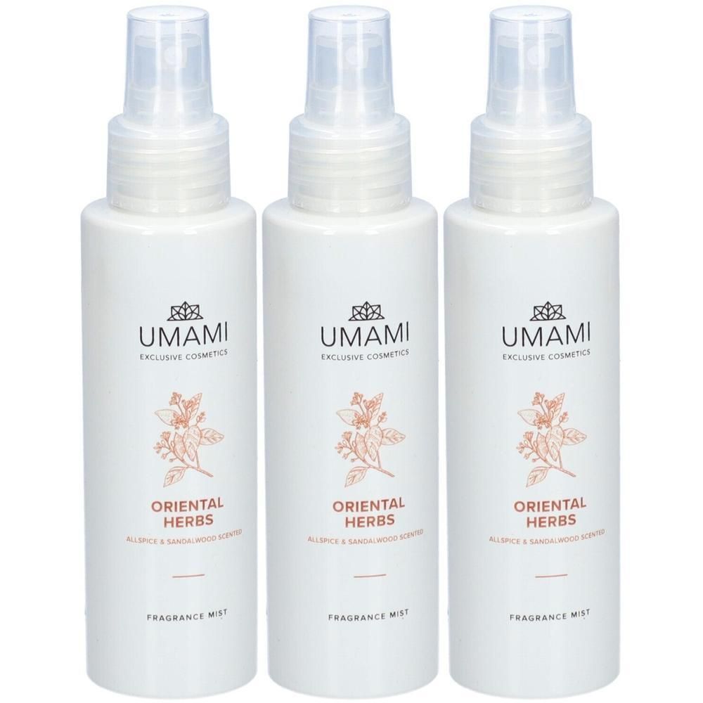 Drie witte sprayflacons UMAMI Oriental Herbs Body Mist.