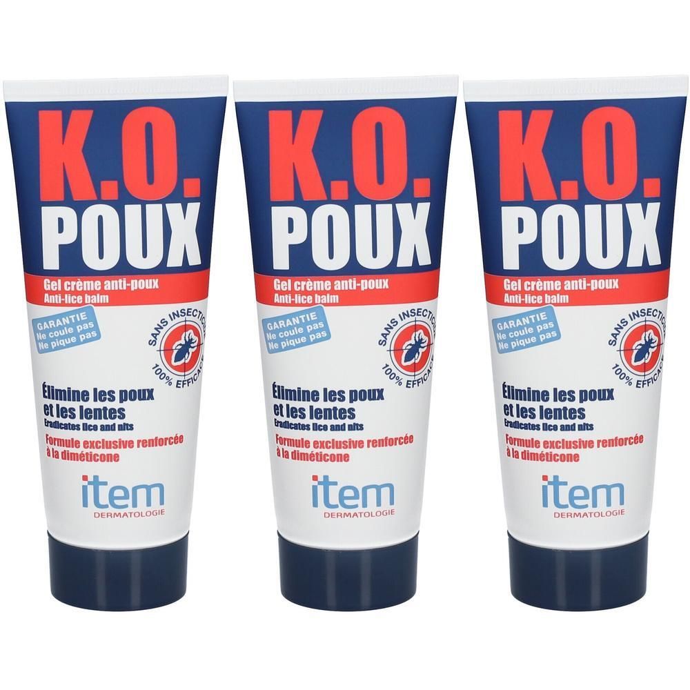 Trois tubes de baume anti-poux Item K.O. Poux avec peigne.
