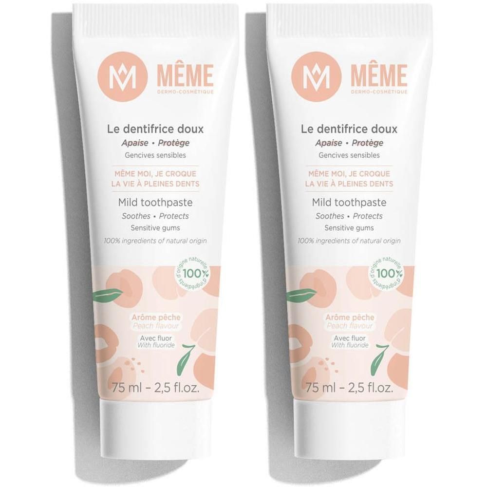 Deux tubes de dentifrice MEME, 75 ml, arôme pêche avec fluorure.