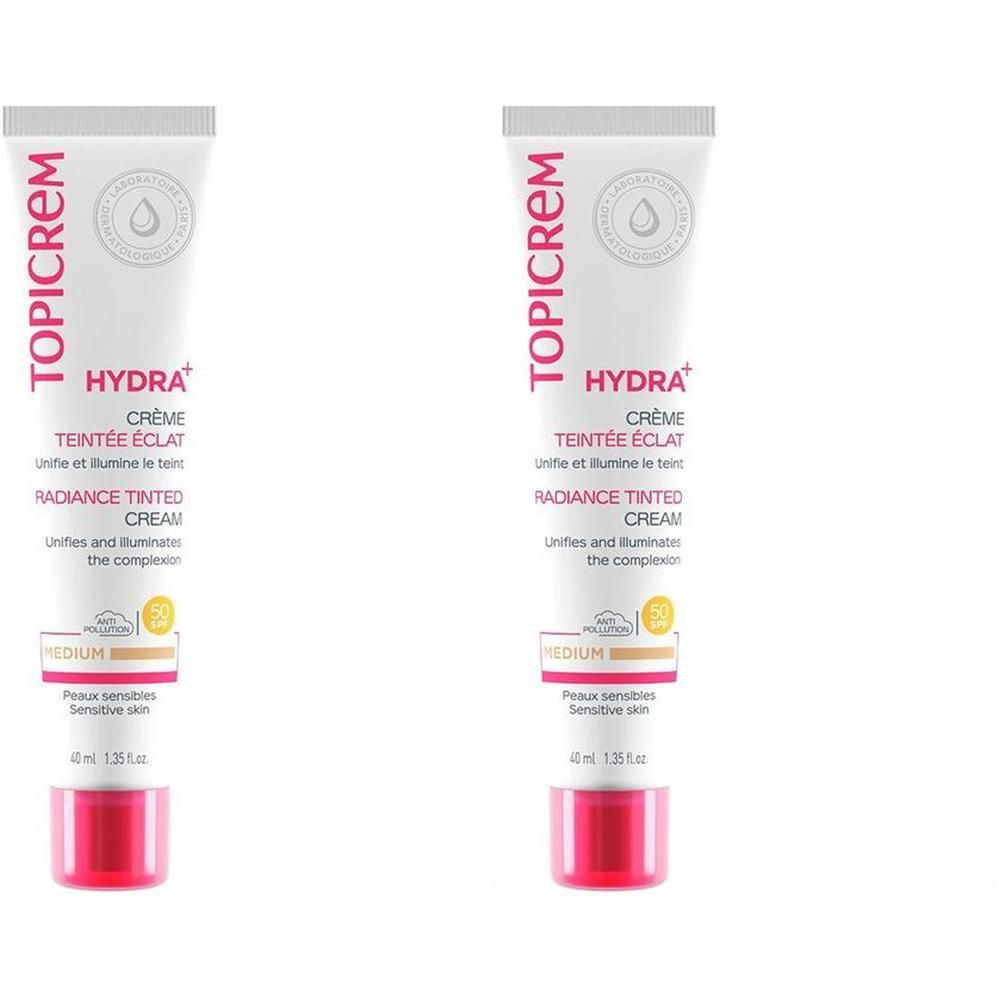 Twee tubes Topicrem Hydra+ getinte crème, kleur Medium. Voor gevoelige huid.