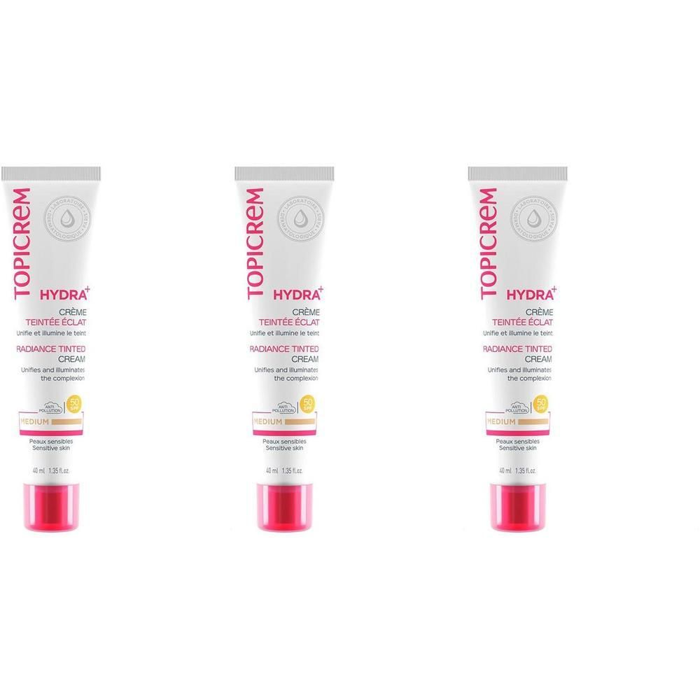Drie Topicrem Hydra+ getinte crèmetubes met roze dop.