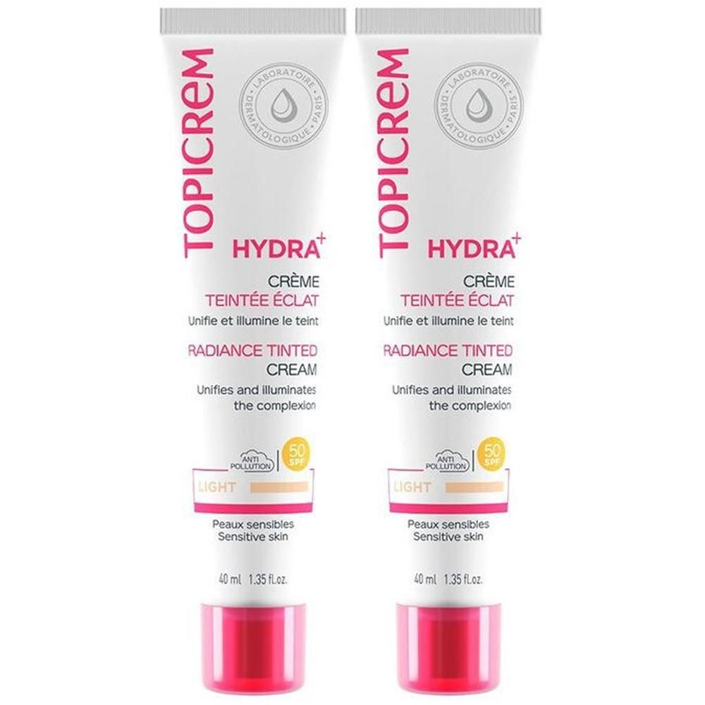 Deux tubes de Topicrem Hydra+ Crème Teintée Éclat Light pour peaux sensibles.