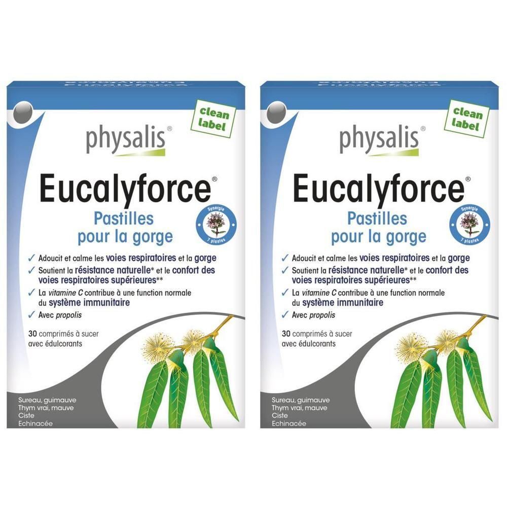 Deux paquets de Pastilles pour la gorge Physalis Eucalyforce. Illustrations d'eucalyptus et de thym.