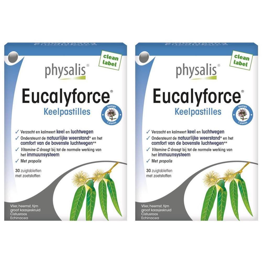 Twee pakken Physalis Eucalyforce Keelpastilles. Met afbeeldingen van eucalyptus en tijm.