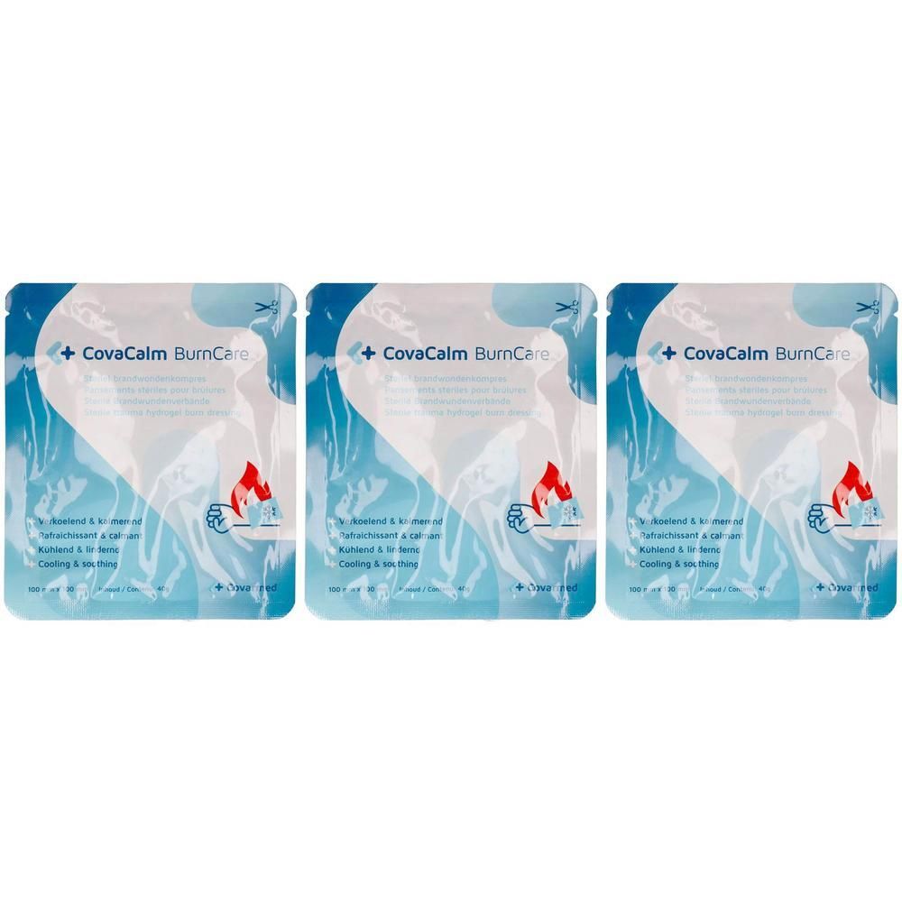 Trois paquets de CovaCalm BurnCare avec flamme et gouttes d'eau.