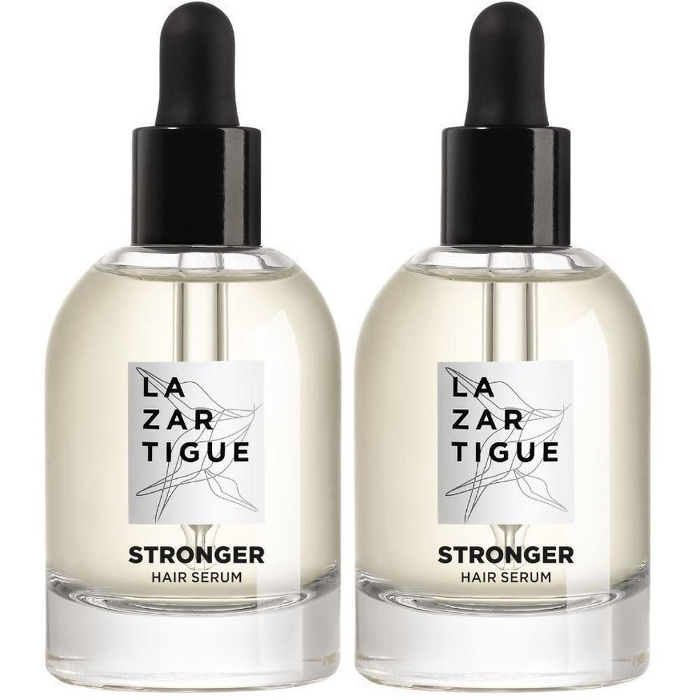 Twee flacons Lazartigue Stronger Hair Serum met druppeldop.