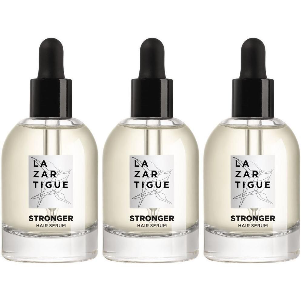 Drie flacons Lazartigue Stronger Hair Serum met druppelaar.