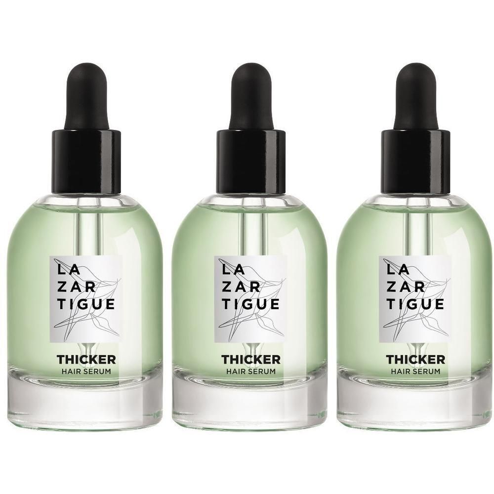 Drie flacons Lazartigue Thicker Hair Serum met druppelsluiting.