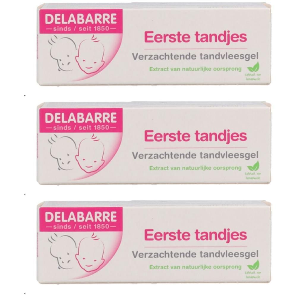 Verpakking van drie Delabarre Eerste Tandjes gels. Verzachtende tandvleesgel.