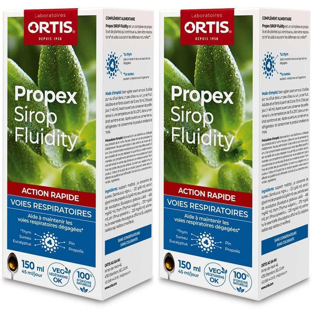 Ortis Propex Sirop Fluidity: Deux boîtes de sirop pour la gorge aux plantes, 150 ml.