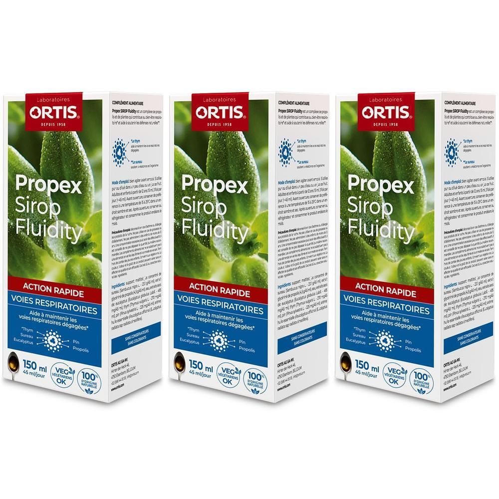 Trois boîtes de Ortis Propex Sirop Fluidity, 150 ml.