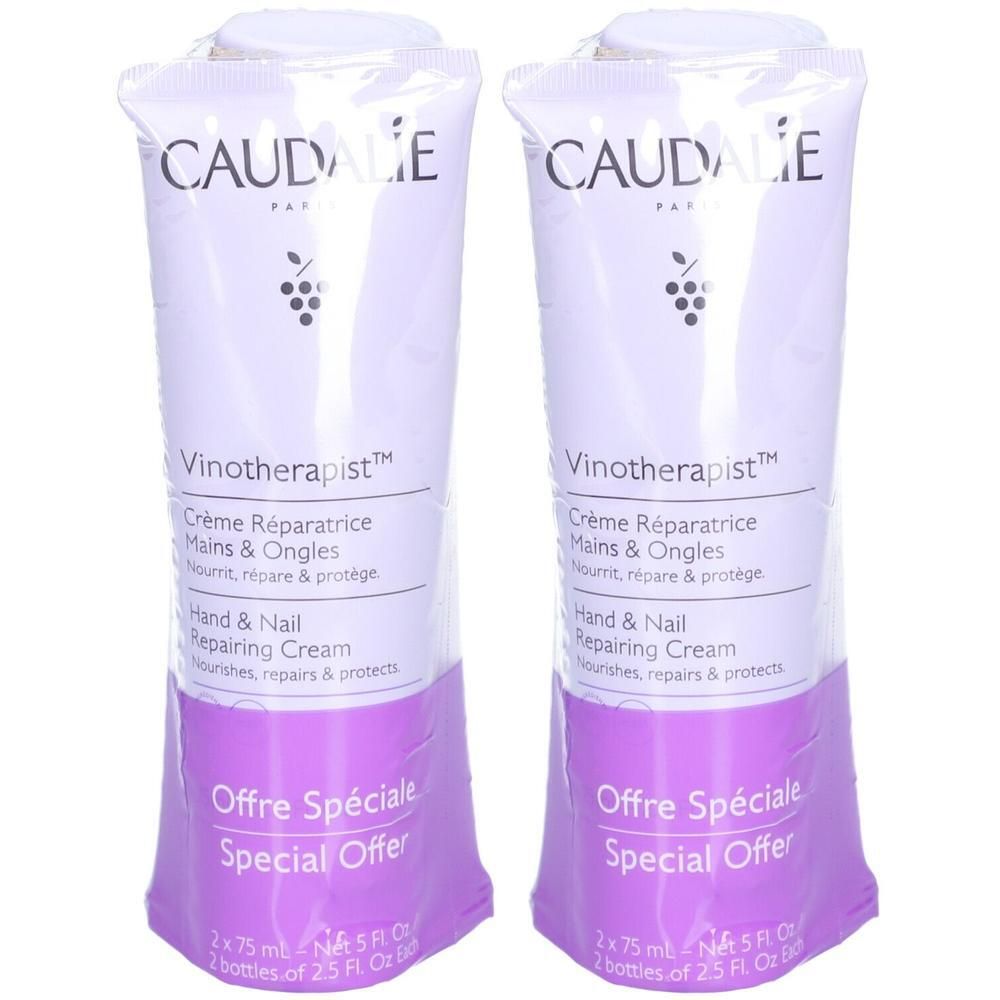 Twee Caudalie hand- en nagelcrème tubes, "Special Offer" op paarse band.