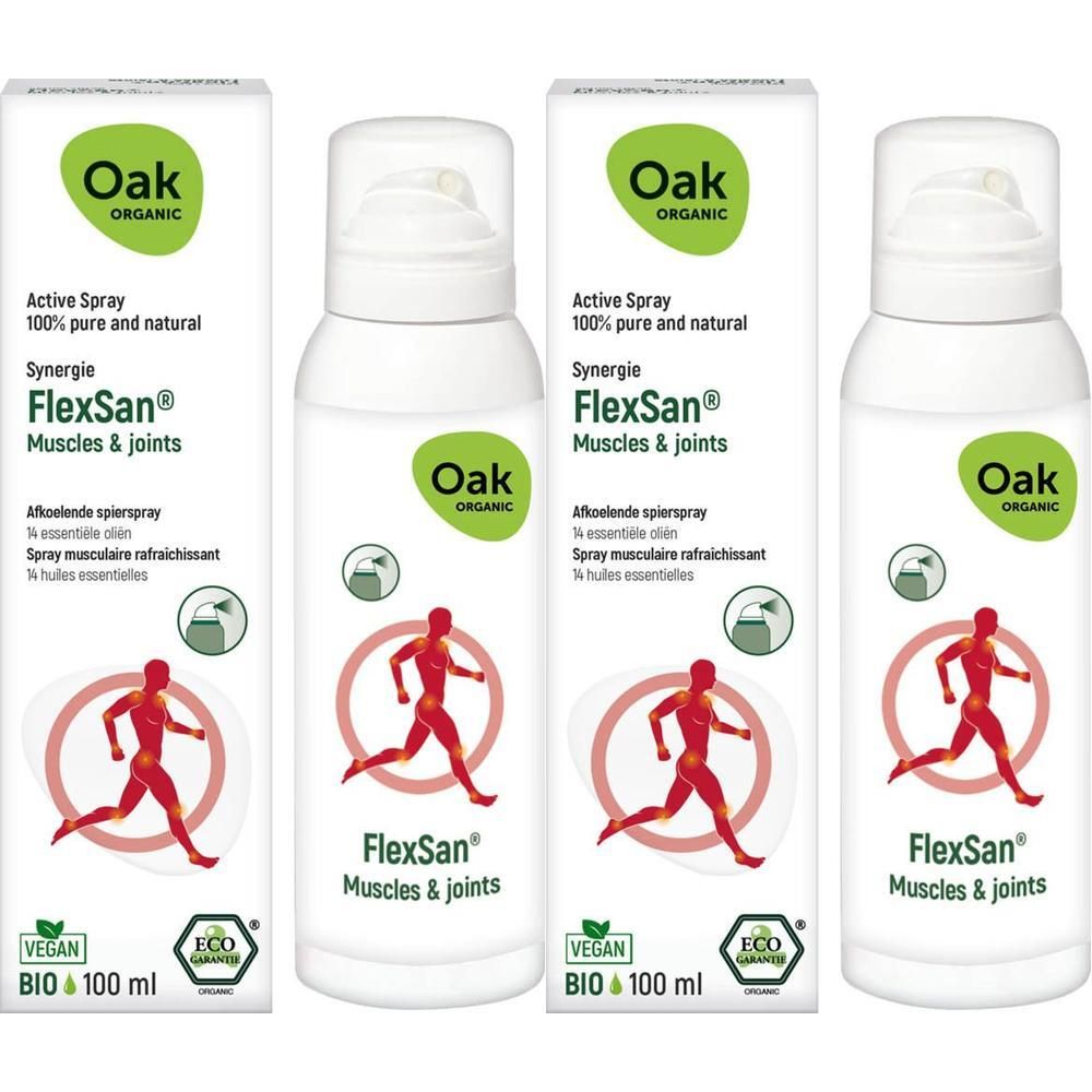 Trois flacons de spray actif Oak FlexSan® pour muscles et articulations, avec l'image d'un coureur. Certifié Vegan et Bio.