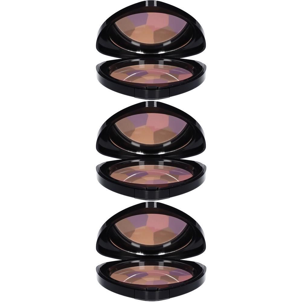 Trois poudres compactes ouvertes aux teintes variées dans un boîtier noir.