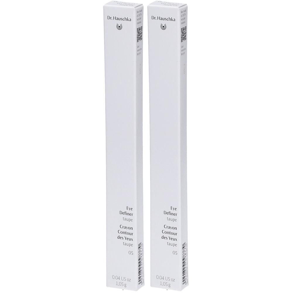 Deux crayons contour des yeux Dr. Hauschka couleur taupe, n° 05, dans leur emballage.