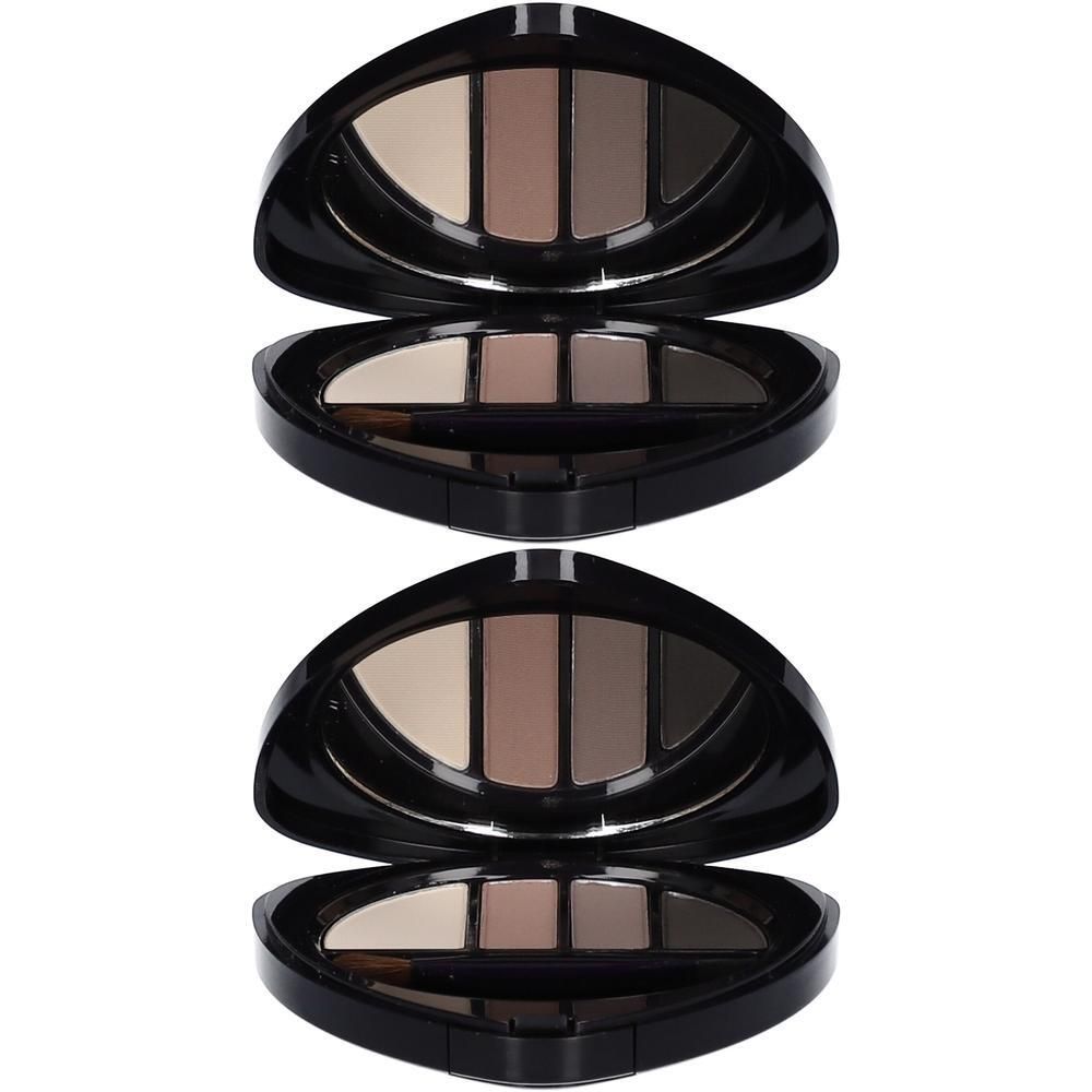Deux palettes pour sourcils et yeux ouvertes, chacune avec quatre teintes de brun et un applicateur.