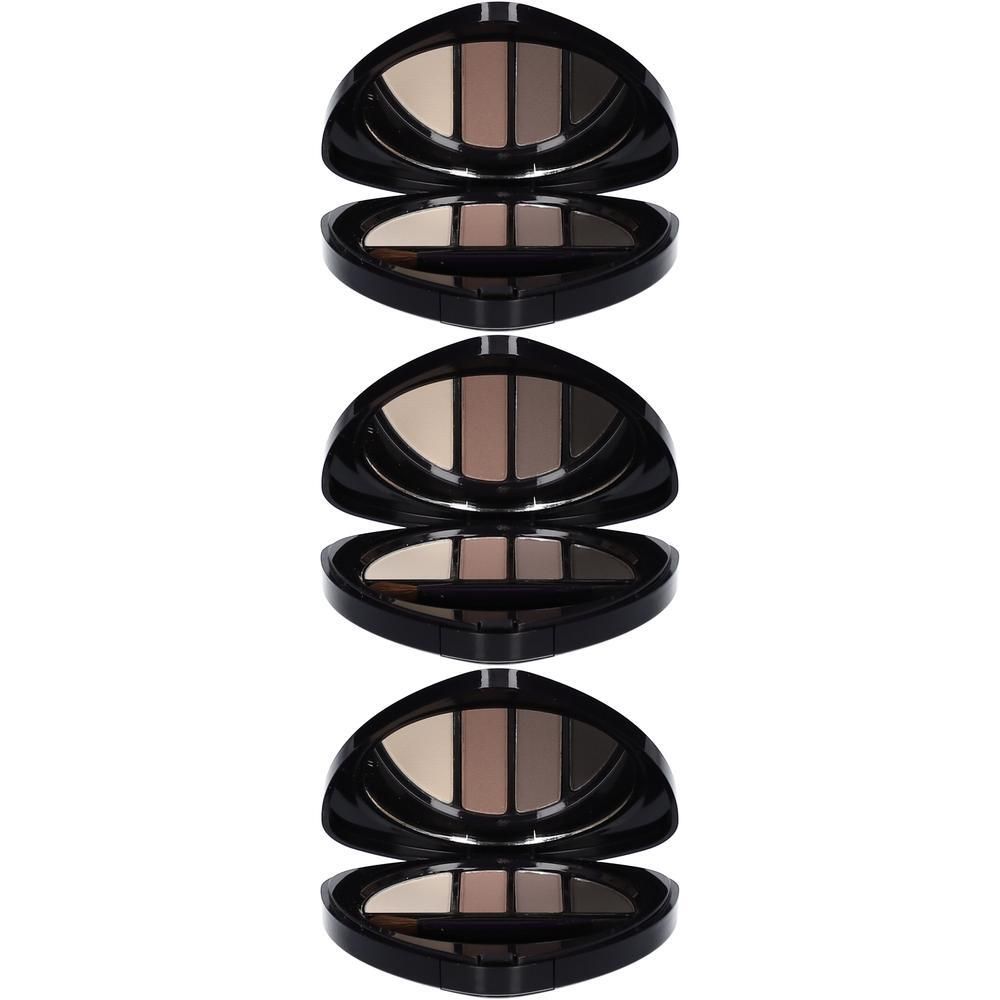 Trois palettes pour sourcils et yeux ouvertes, chacune avec quatre teintes de brun et un pinceau.