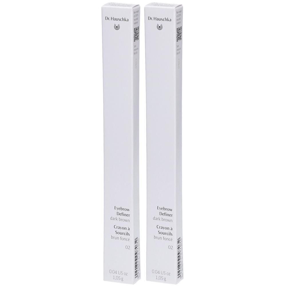 Deux crayons à sourcils Dr. Hauschka brun foncé (02) dans leurs emballages blancs.