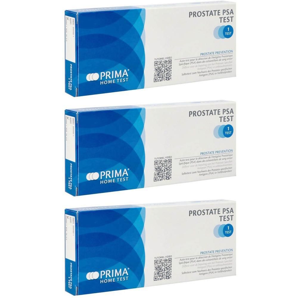 Drie Prima Home Test Prostate PSA Test dozen, blauw-wit design.