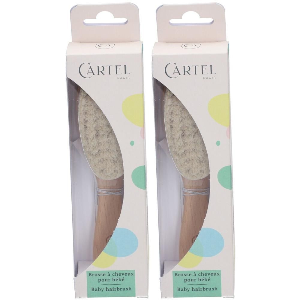 Twee baby haarborstels met houten handvat en zachte borstels, verpakt in dozen met gekleurde cirkels.