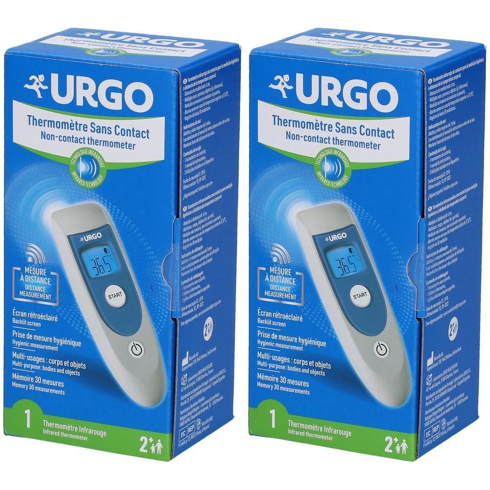 Deux boîtes de thermomètres sans contact Urgo. Emballages bleus montrant des thermomètres numériques.