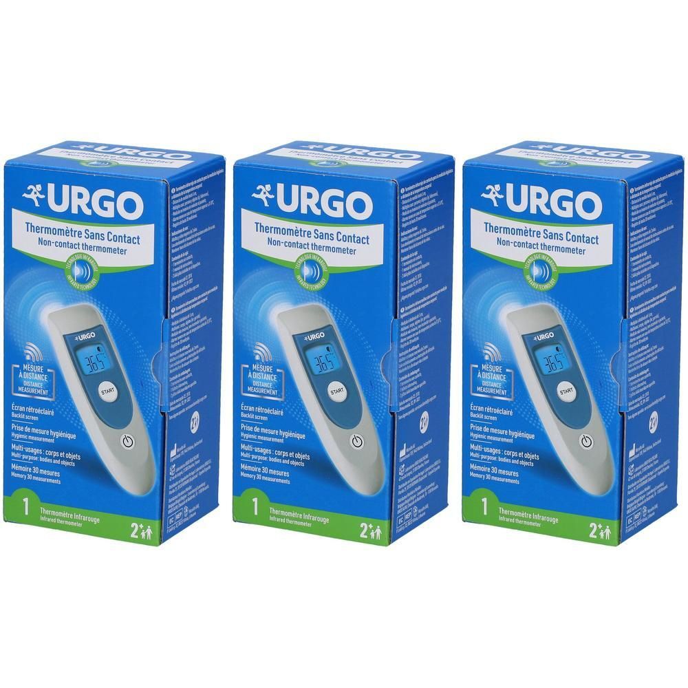 Urgo contactloze thermometer, wit en blauw, met digitaal display.