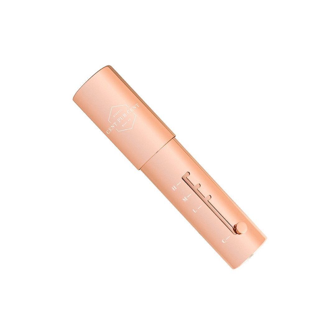 Een intrekbaar penseel met roségouden handvat, witte borstelkop en logo.