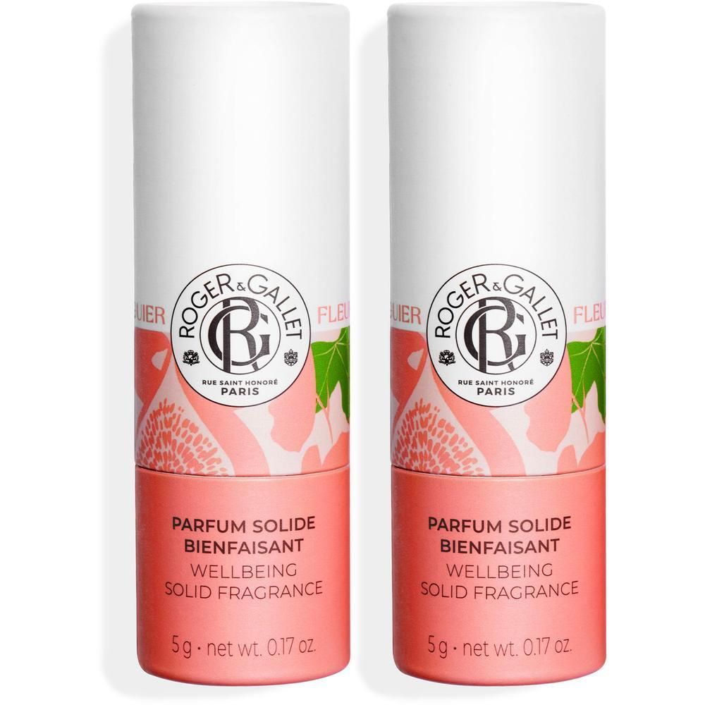 Deux parfums solides Roger&Gallet, emballage rose et blanc avec motif figue.