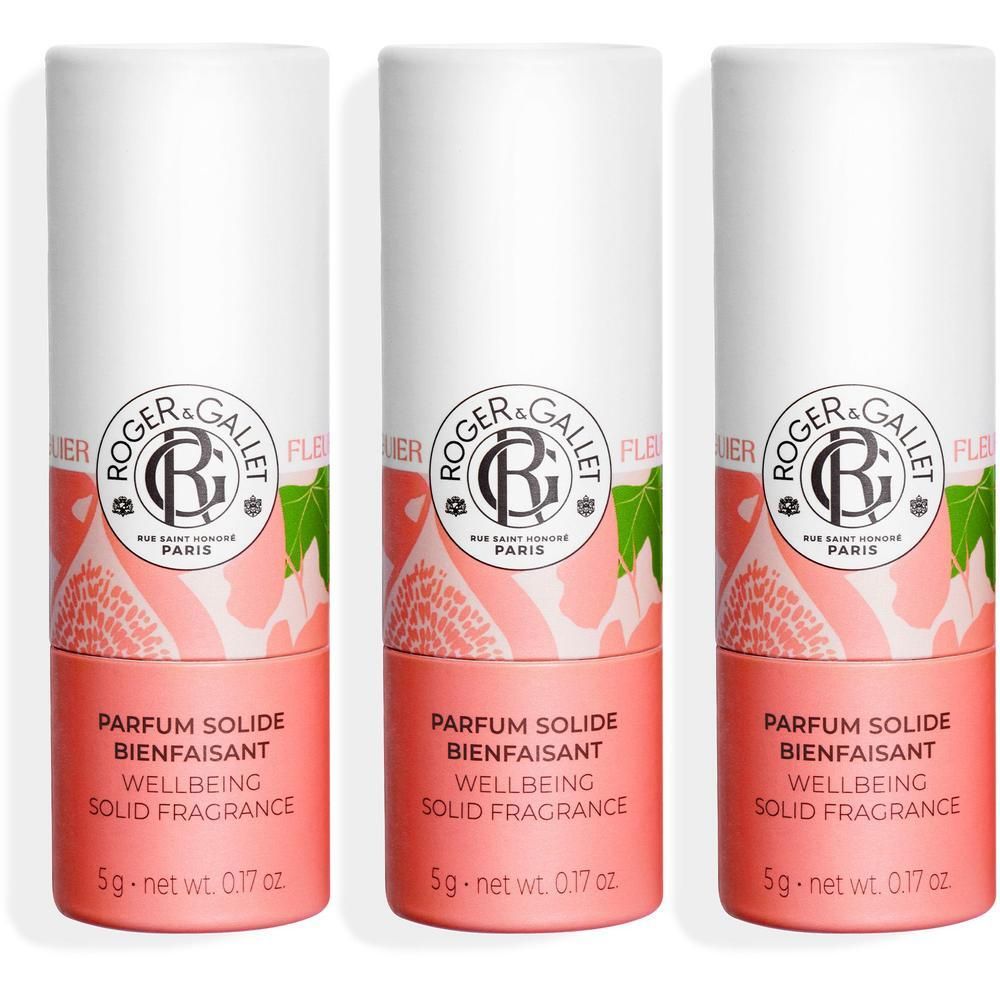 Drie Roger&Gallet vaste parfums in buisverpakkingen, met bloemenprint en goudkleurig reliëflogo.