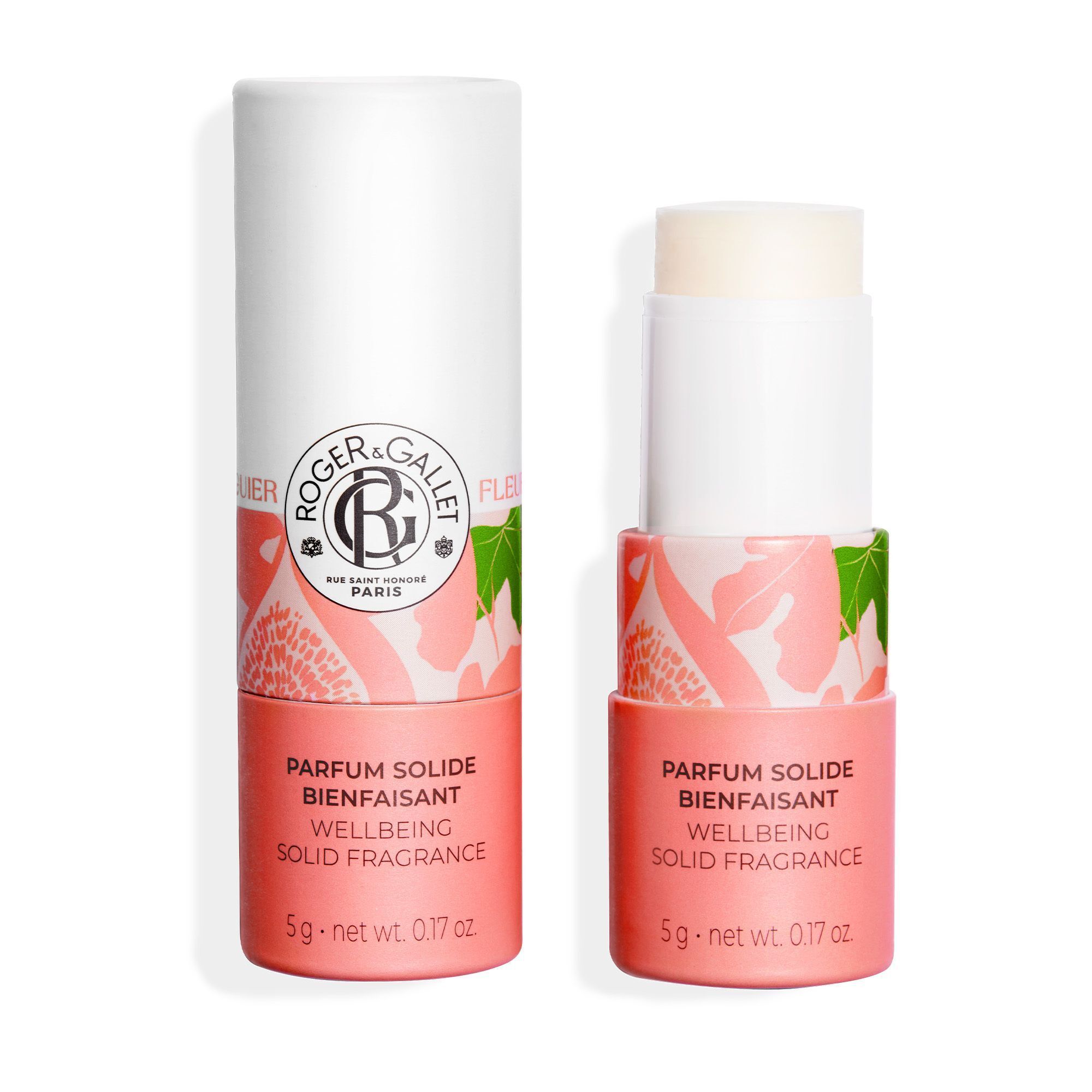 Un parfum solide Roger&Gallet fermé et un ouvert en tube, avec un design floral.