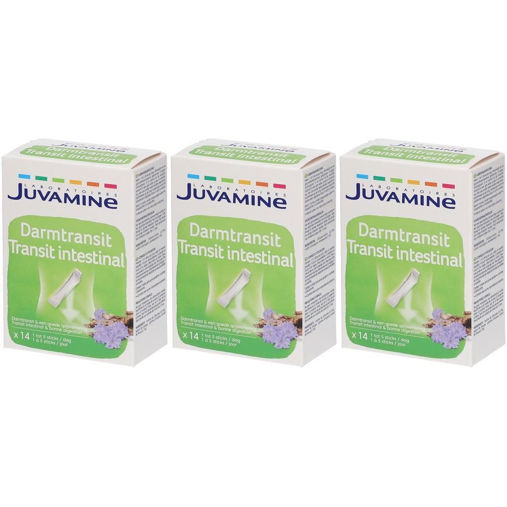 Drie pakken Juvamine Darmtransit Intestinal, elk met 14 zakjes.
