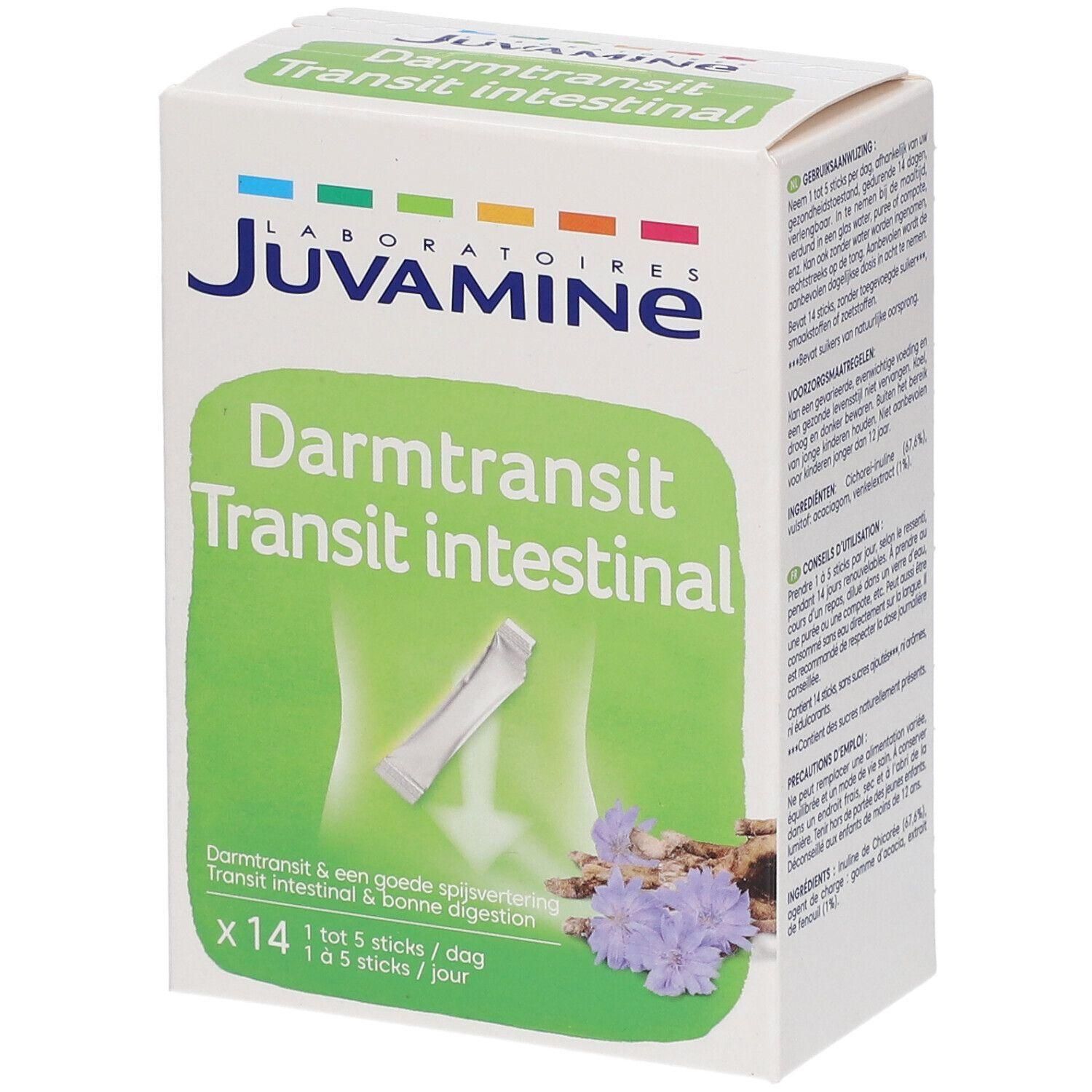 Juvamine Darmtransit: Doos met 14 sticks voor de darmwerking. Toont een gestileerde menselijke figuur met een stick.