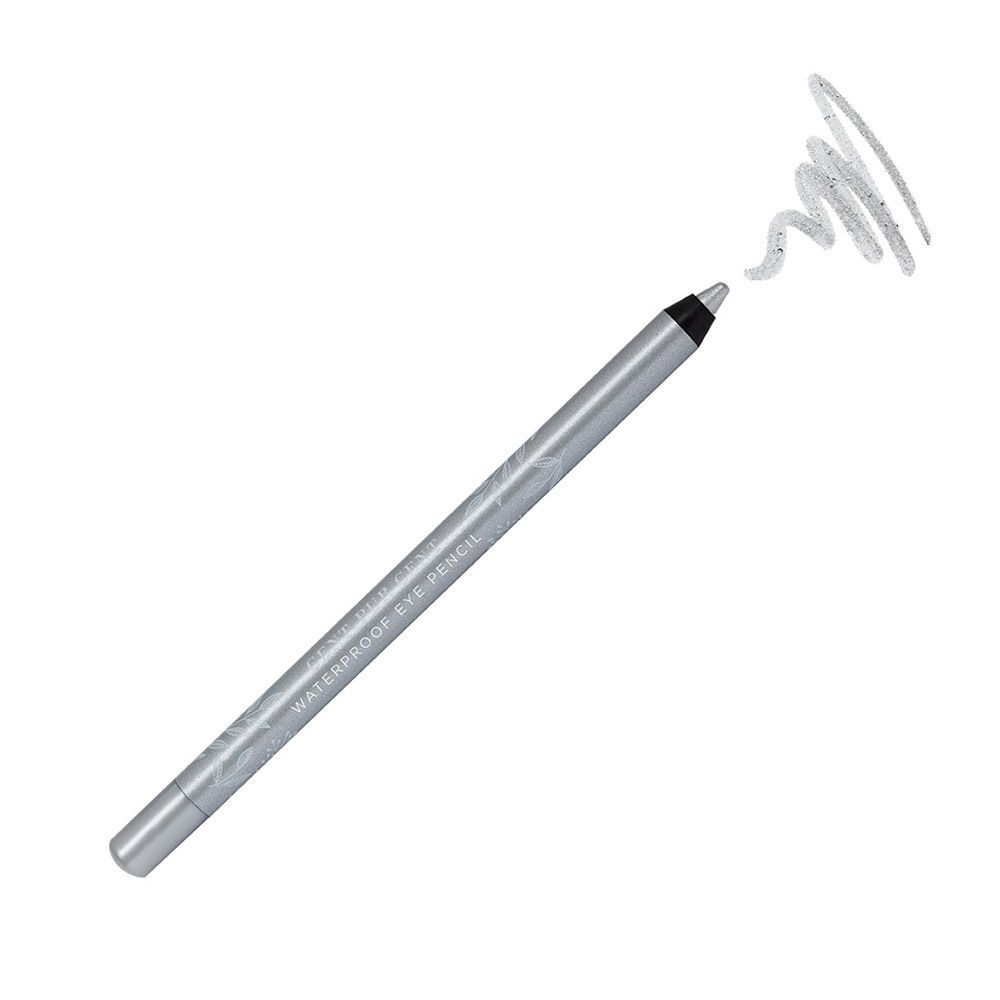 Zilverkleurig waterdicht oogpotlood met wit dopje en grijze lijn.