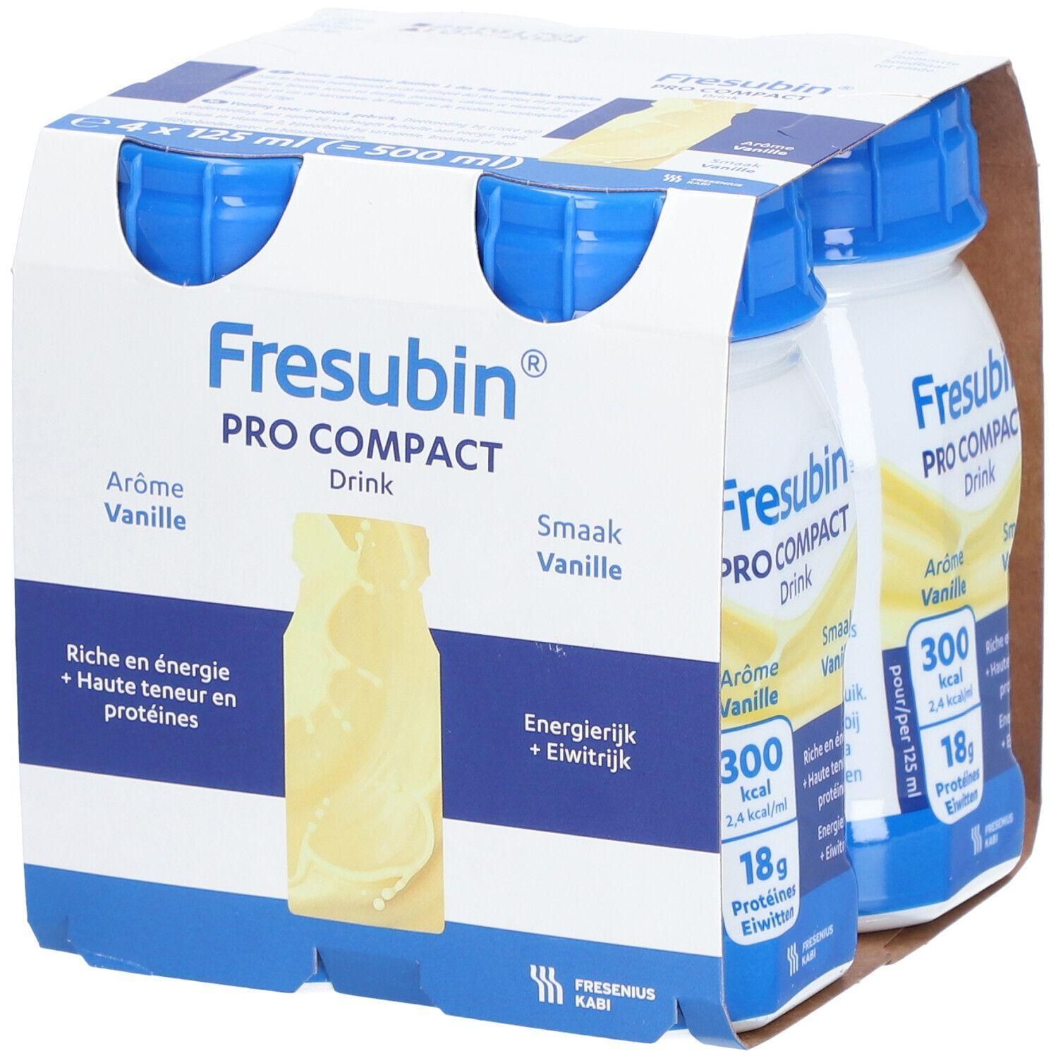 Fresubin Pro Compact Drink, 4x 125ml Bouteilles, Arôme Vanille. Riche en énergie et protéines.