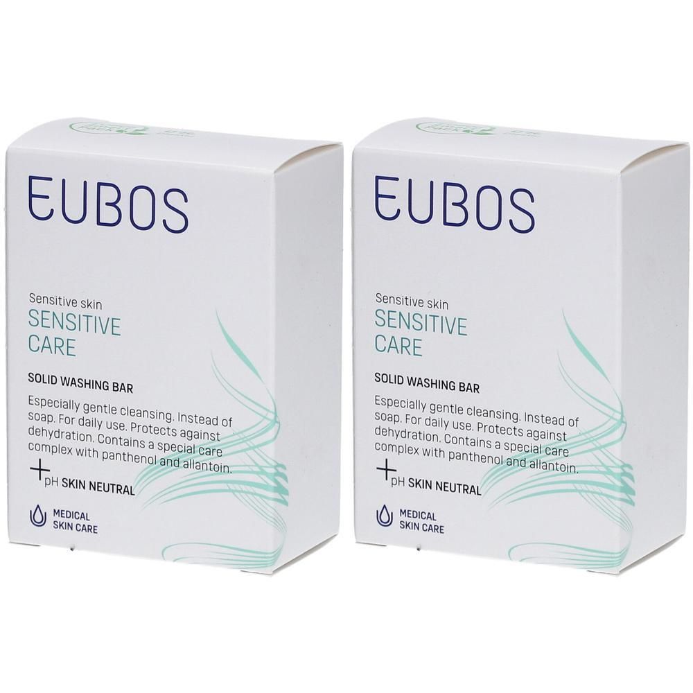 Twee pakken Eubos Sensitive Care vaste wasreep voor de gevoelige huid. pH-huidneutraal.