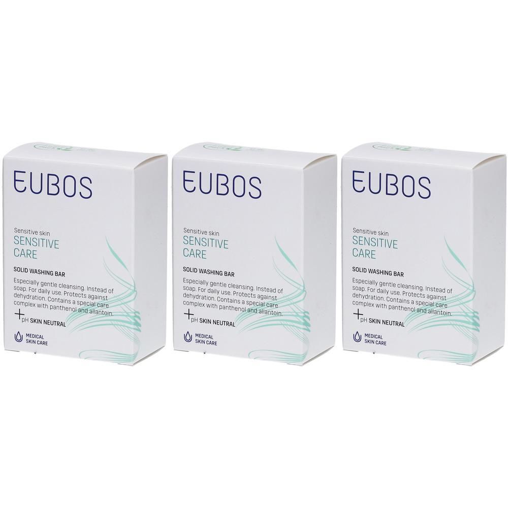 Trois paquets de pain lavant solide Eubos Sensitive Care pour peau sensible.
