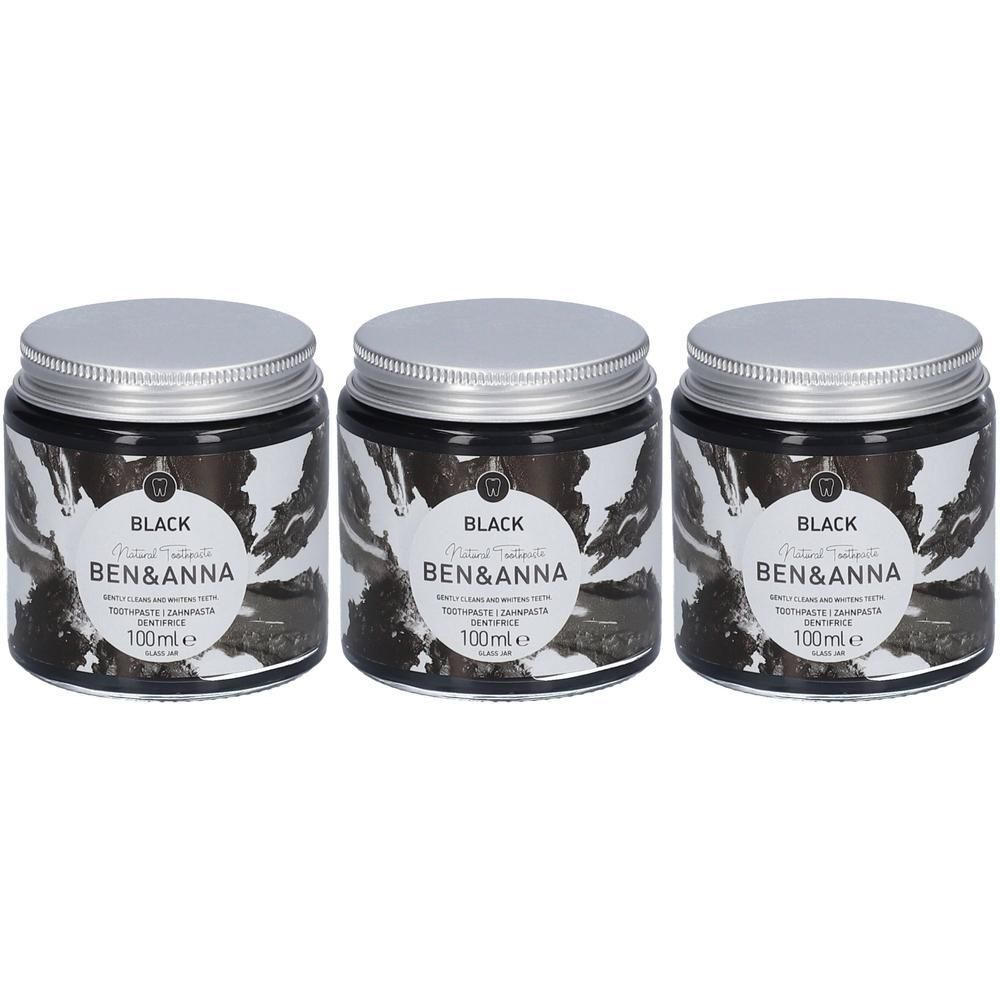 Drie potjes Ben & Anna Black Natural Toothpaste tandpasta, elk 100ml.