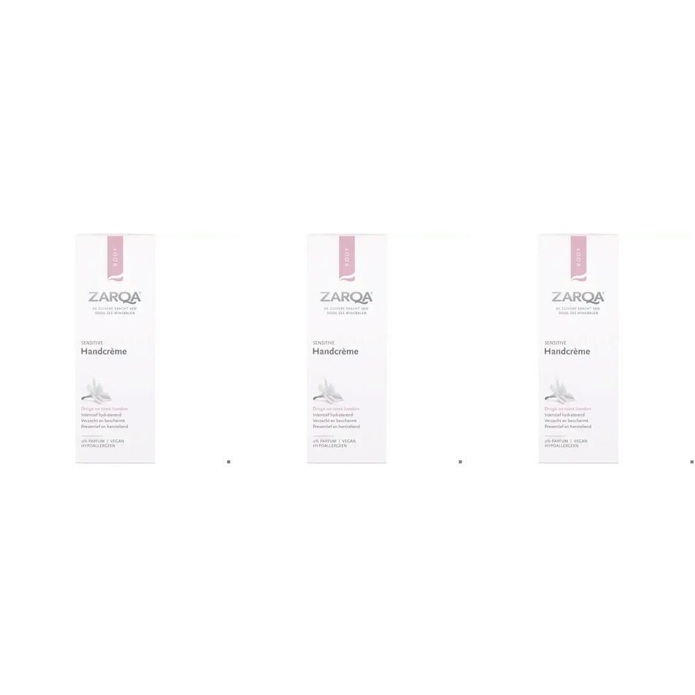 Drie pakken Zarqa handcrème, wit met roze accenten.