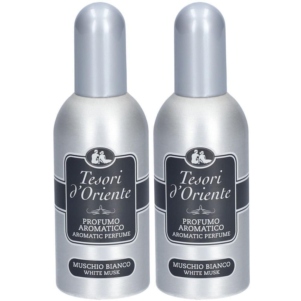 Twee zilverkleurige flessen Tesori D'Oriente White Musk Parfum met zilverkleurige doppen.
