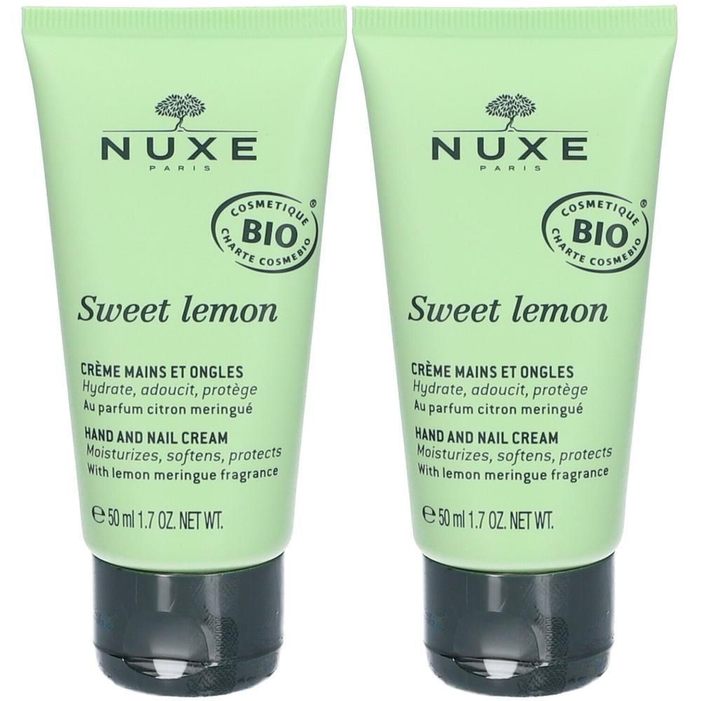 Twee Nuxe hand- en nagelcrème tubes, 50ml, met zoete citroen.